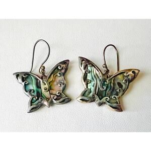 Vintage Sterling Silver Butterfly Earrings Abalone Dangle 925 Signed Boho